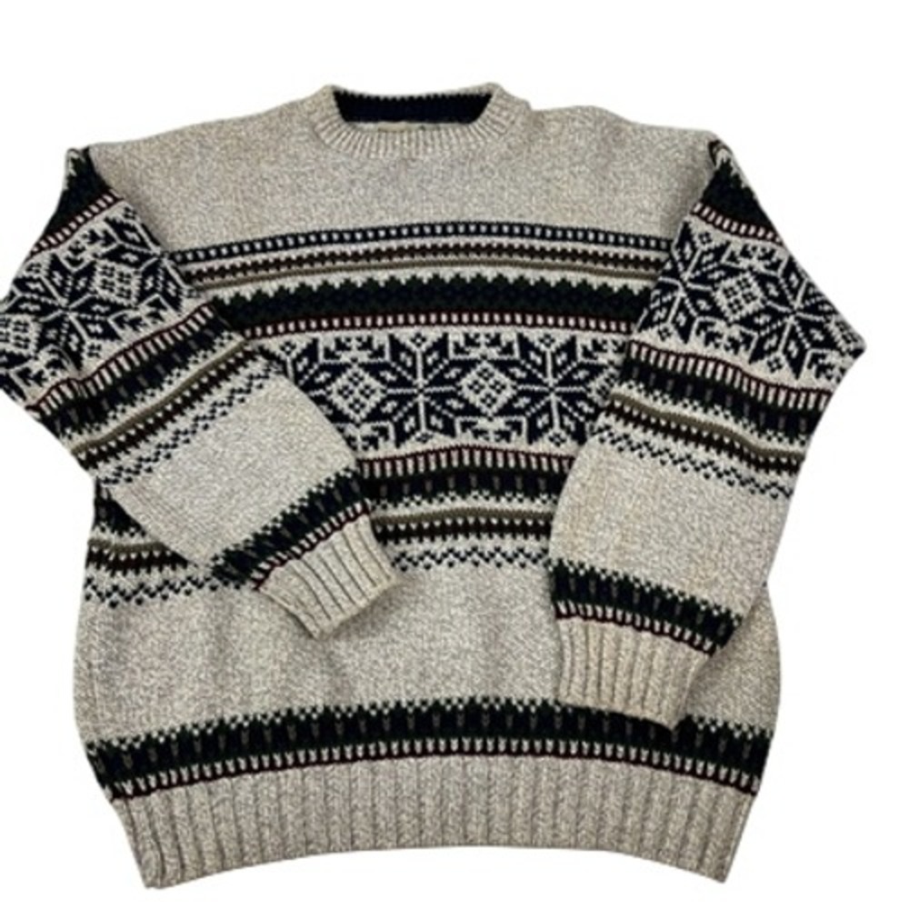 Vintage USA Made Fieldmaster Sweater Blue Gray Winter Snowflkes Cotton Ski‎  L